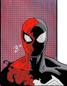 a spider - man with his face covered in red and black paint, staring at the camera