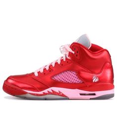 The Air Jordan 5 Retro GG ‘Valentines Day’ is the perfect pair of shoes to show your loved ones how much you care. In a festive red and pink colorway, these sneakers are updated in girls’ sizing for Valentine’s Day 2013. The upper is made of Gym Red leather and decorated with Ion Pink detailing on the laces, panels and midsole. The Air Jordan 5's signature iconic shark teeth designs appear in a speckled red hue along the midsole. The ‘Love of the Game’ fusion heart basketball emblem hits the heel counter, making these shoes not only stylish but also symbolic of your love. (AJ5/SNKR/Colorblock/Basketball/Valentine's Day) Pink Custom Sneakers With Red Sole, Pink Sneakers With Red Sole For Streetwear, Sporty Pink Jordan Shoes With Rubber Sole, Pink Jordan Shoes With Rubber Sole, Casual Pink Basketball Shoes With Red Sole, Pink High-top Basketball Shoes With Red Sole, Heart Basketball, Jordan 5 Retro, Air Jordan 5 Retro