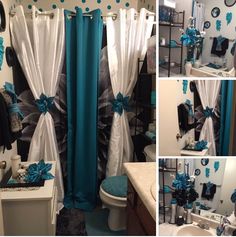 the bathroom is decorated with blue and white decor, including shower curtain drapes