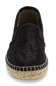 This espadrille-style slip-on sneaker outfitted with elastic gore insets brings an earthy feel to casual ensembles with a jute-wrapped platform. Textile or leather upper/synthetic and textile lining/synthetic sole Made in Spain Women's Shoes Espadrilles Style, Sneakers Outfit, Flat Espadrille, Women Style, Black Fabric, Women's Shoes, Slip On Sneaker, Womens Sneakers, Espadrilles