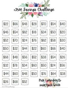 the $ 500 savings challenge is shown with flowers on it and numbers for each one