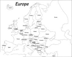 europe map with all the major cities in black and white, outlined on a white background