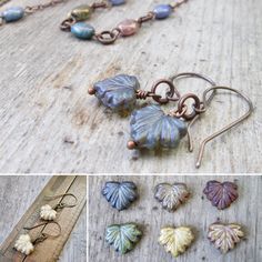 Crafted with meticulous attention to detail, each necklace, bracelet, and earring in this Mixed Maple Series is a stunning fusion of rustic boho charm. At the heart of every design are the Czech maple leaf beads, adorned in a mesmerizing array of silky metallic blue, purple, cream, and earthy browns. Accentuating the maple leaves are oval beads with a bronze luster finish, mirroring the hues found in the leaves. Interwoven in most items are round beads, rondelles, and metal bead caps each one unique in shape and texture. This listing is for these short dangle earrings with your choice of leaf color. I love the simplicity of these earrings. The leaf is 11x13mm in size with a lovely luster finish. You have a choice of metal color too. If you need the titanium for your sensitive ears, be sure Czech Glass Dangle Jewelry With Matching Earrings, Czech Glass Jewelry With Matching Dangle Earrings, Cadmium-free Drop Earrings For Everyday, Hypoallergenic Copper Dangle Jewelry, Hypoallergenic Copper Drop Earrings, Nickel-free Czech Glass Jewelry Gift, Czech Glass Jewelry With Matching Earrings For Gifts, Czech Glass Jewelry Set With Matching Earrings As Gift, Silver Czech Glass Jewelry With Matching Earrings