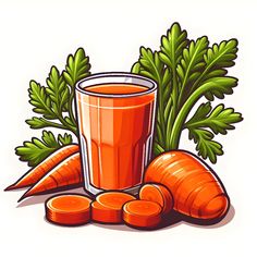 carrots and a glass of juice on a white background with green leaves around it