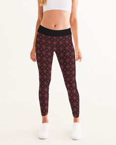 Ladies, your new favorite pants have arrived! Our Women's Mid-Rise Yoga Pants are carefully crafted with high-tech breathable fabric to move with your body while perfectly flattering your figure. - Smooth, breathable fabric - Wicks away moisture - Comfortable waistband - Printed, cut, and handmade. Red Damask, Sports Wear Women, Pocket Sweater, Yoga Capris, Pants Design