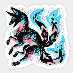 a sticker with an image of a wolf on it's back and blue, pink