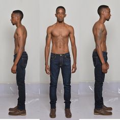 three different views of a man with no shirt and jeans, standing in front of a white wall