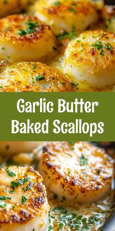 garlic butter baked scallops in a skillet