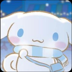 an animated image of a white rabbit holding a blue and white striped scarf on its back