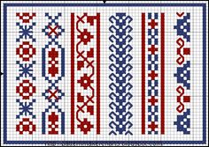 a cross stitch pattern with red, white and blue designs on the border is shown