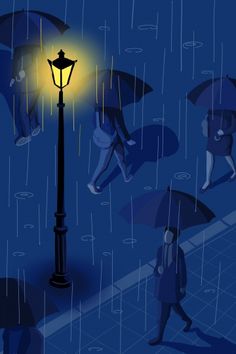 people walking under umbrellas in the rain at night with one person holding an umbrella