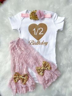 This listing is for Pink and Gold Half birthday outfit Includes Bodysuit Lace Legwarmer Headband Carter's Bodysuit is Crafted in babysoft cotton, Easy to change with Nickel-free snaps on reinforced panels . Normal PROCESSING takes 2 weeks for this items. Busy times of the year may change to 3 weeks .Although I do try to get them out sooner if possible *Processing time DOES NOT INCLUDE SHIPPING TIME. U.S. SHIPPING is based on the method of shipping you choose at checkout in the drop down menu: St Pink Birthday Set For Spring, Pink Spring Birthday Set, Pink Long Sleeve Birthday Set, Pink Long Sleeve Sets For Birthday, Fitted Pink Sets For First Birthday, Pink Gold Birthday Cake, Half Birthday Outfit, Half Birthday Party, Half Birthday Cakes