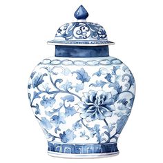 a blue and white vase with flowers painted on it