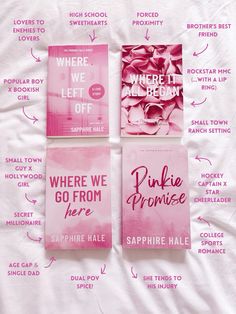 three pink books on a white sheet with the words where we go from here, where we left off and where we go from here