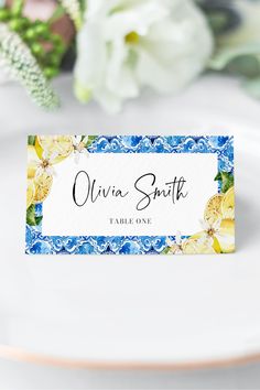 Blue Tiles Lemon Wedding Place Cards Template, Mediterranean Name Cards Italian Amalfi Coast Printable Escort Cards, Name Cards Template W13 Tile Place Cards, Name Tent, Birthday Menu, Table Name Cards, Table Name, Table Place Cards