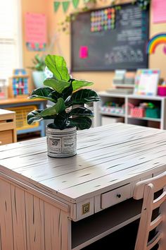 a potted plant sitting on top of a wooden table in a room filled with children's toys