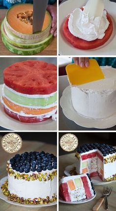 there are many different pictures of cakes on the table and one has a knife in it