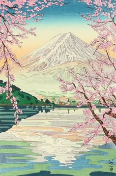 a painting of a mountain with cherry blossoms in the foreground and a river running through it