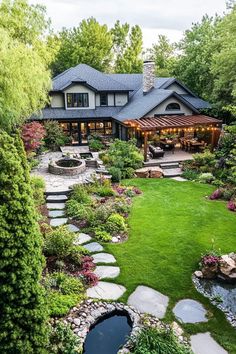 an outdoor patio with stepping stones and landscaping