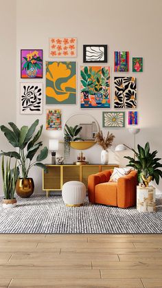 a living room filled with lots of art on the wall