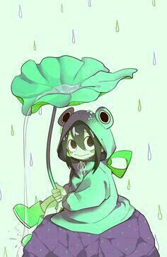 a drawing of a frog holding an umbrella in the rain with its eyes wide open