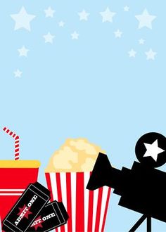 a movie poster with popcorn, film camera and soda