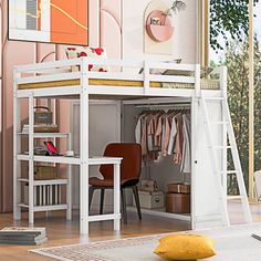 a white loft bed with desk and chair in a room next to a large window