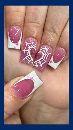 Nails Spiderman, Pink Spiderman, Marvel Nails, Short Nail Manicure, Fake Nails Designs, Girly Acrylic Nails, Short Square Acrylic Nails