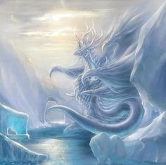 a white dragon sitting on top of an ice covered mountain next to a body of water