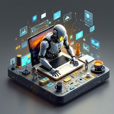 a robot sitting on top of a laptop computer