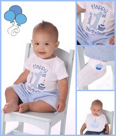 a baby sitting in a chair wearing a blue birthday shirt and pants with balloons on it