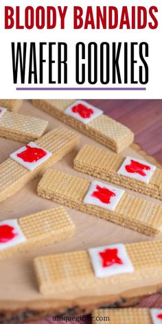 Bloody Bandaid Cookies | Halloween Cookies | Wafer Cookies | Fondant Cookies | Halloween Cookie Inspiration | Halloween Cookie Ideas | #halloween #cookie #baking #wafer #fondant Band Aid Cookies, Halloween Wafer Cookies, Halloween Cookie Ideas Easy, Easy Halloween Cookies, Sweet Roll Recipe, Halloween Foods