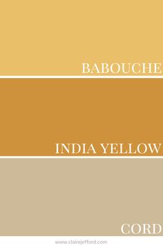 some yellow and brown paint colors with the words baoucher india yellow on them