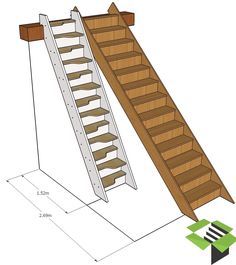 an image of a wooden staircase with stairs on the bottom and bottom side, measurements for each step