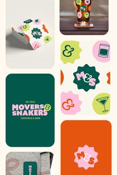 the logo for movers shakers and cocktails is shown in four different colors