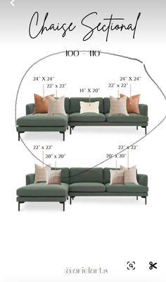 the sectional sofa is shown in three different sizes and colors, with measurements for each section