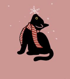 a black cat wearing a red and white scarf with snowflakes on its head