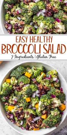 broccoli salad in a white bowl with text overlay