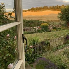 an open window looking out onto a field with flowers in the foreground and trees on the other side