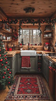 a kitchen decorated for christmas with lots of holiday decor