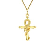 "P E N D A N T * I N F O R M A T I O N This pendant is crafted in solid gold. * Made in USA * Metal: Gold * Purity: Available in 14k and 18k gold * Finish: polished * Height: 1.5\" (38 mm) * Width: 1\" (26,5 mm) * Pendant weight (approx.): 6 grams (14k) * Bail: fits up to 4 mm chains * Solid, not hollow in the back * Comes with a signed certificate of authenticity Made in the USA, this pendant is available in 14k and 18k real solid gold and features a polished finish for a smooth look and lifeti Luxury Gold Ankh Jewelry, Symbolic Yellow Gold Cross Necklace, Gold Cross Necklace For Ceremonial Occasion, Spiritual Ankh Necklace In Yellow Gold, Ceremonial Cross Necklace In Spiritual Style, Elegant Ceremonial Cross Necklace, Gold Cross Amulet Necklace, Yellow Gold Ankh Necklace, Gold Ankh Necklace For Ceremonial Occasions