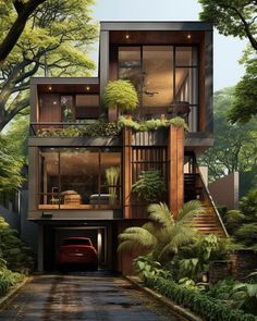 an artist's rendering of a modern house in the middle of trees and bushes