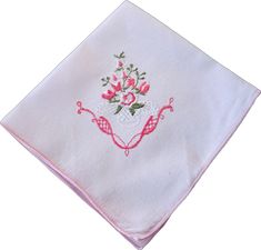 Vintage Pink Handkerchiefs For Wedding, Vintage Pink Wedding Handkerchiefs, Pink Vintage Handkerchiefs With Floral Embroidery, Vintage Pink Floral Embroidered Handkerchiefs, Pink Embroidered Handkerchiefs For Gift, Embroidered Pink Handkerchiefs For Gifts, Brian Johnson, Floral Embroidery, Pink Floral