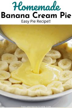 homemade banana cream pie recipe in a pie pan with a spoon pouring it into the pie