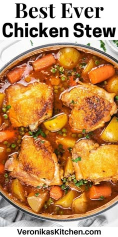 the best ever chicken stew in a pot with carrots and potatoes