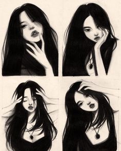 four different images of a woman with long hair and necklaces on her neck, holding her hand to her face