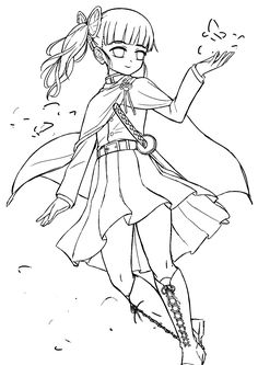 a drawing of a girl with long hair in a dress and boots, holding her hand out