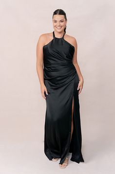 Model: Claire; Size: 18; Color: Black Wedding Parties Colors, Top Neckline, Bridesmaid Dress Colors, Dress Home, Colorful Party, Halterneck Dress, Fitted Silhouette, Satin Dress, Color Swatches