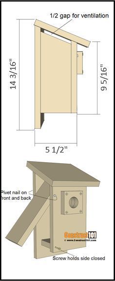 the measurements for a birdhouse with its door open and side opening opened to reveal it's contents