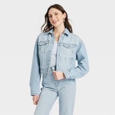 Women's Cropped Trucker Jacket - Universal Thread™ Light Wash M Trendy Collared Light Wash Denim Jacket, Light Wash Denim Jacket For Everyday Spring Wear, Everyday Light Wash Denim Jacket For Spring, Everyday Light Wash Collared Denim Jacket, Light Wash Collared Denim Jacket For Everyday, Spring Light Wash Relaxed Fit Outerwear, Light Wash Relaxed Fit Outerwear For Spring, Light Wash Outerwear For Everyday Spring Wear, Spring Light Wash Relaxed Outerwear